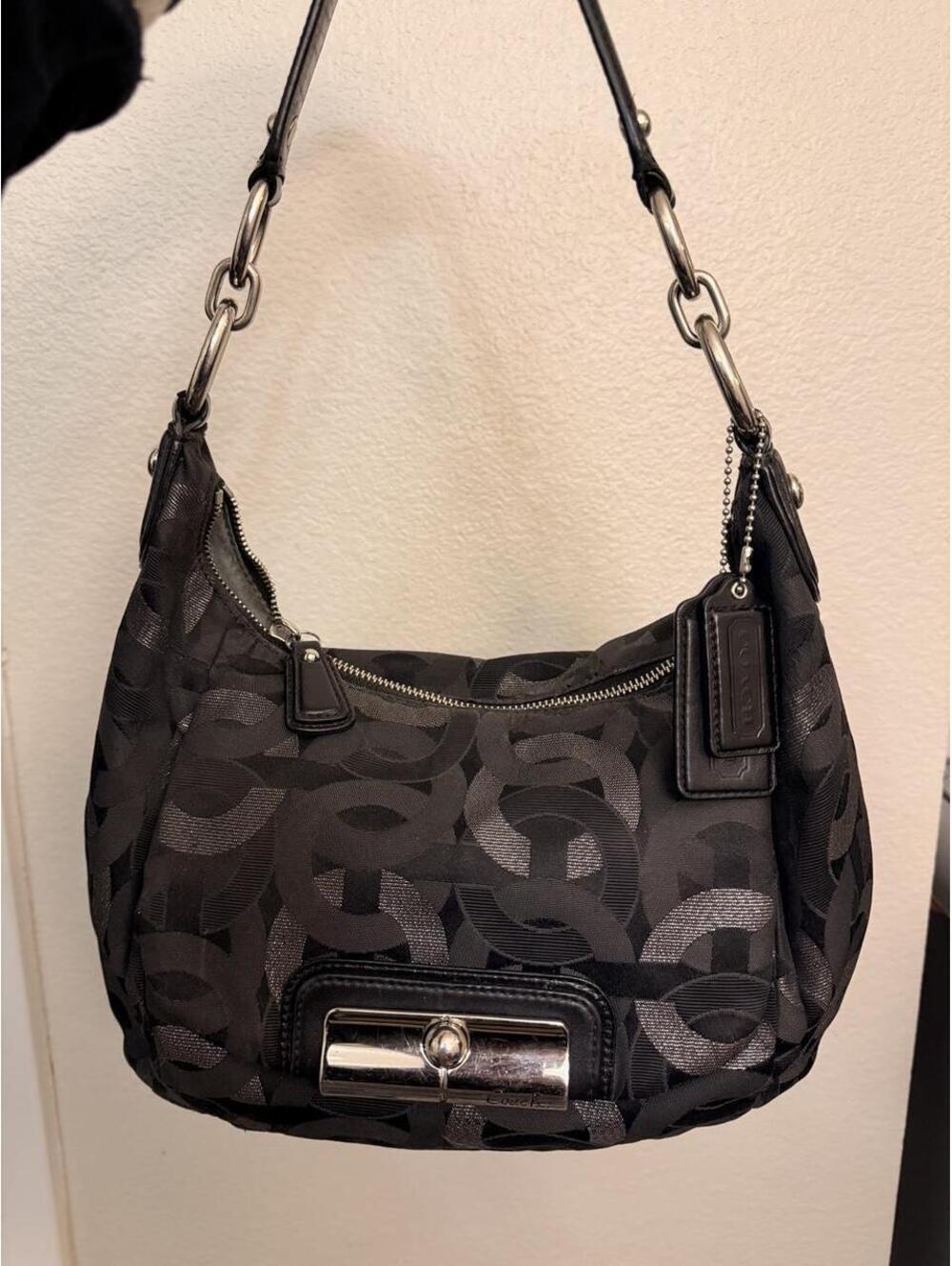 Coach Shimmery Black & Gray Monogram Logo Hobo Bag with Teal Interior 2011